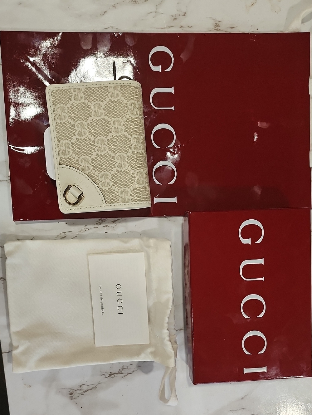 Gucci Beige and White Monogram Zip Card Case